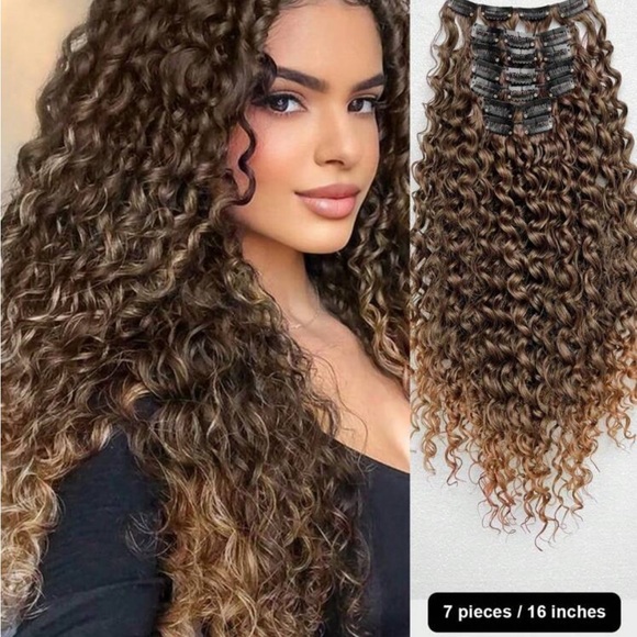 Clips In Hair Extensions 7 Pcs Hairpieces Brown Color 18 Inch Long Natural Wavy - Picture 1 of 5